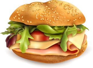 A realistic looking burger with cheese, bacon and veggies