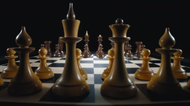 Wooden chess pieces on a checkerboard. Dolly in, macro shot.
