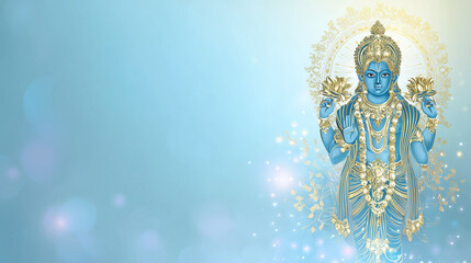 Fototapeta premium Putrada Ekadashi banner design, glowing Lord Vishnu illustration with divine ornaments