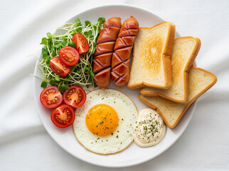 Bread, tomato, sausage, egg, and green vegetables form a healthy and delicious morning combination.
