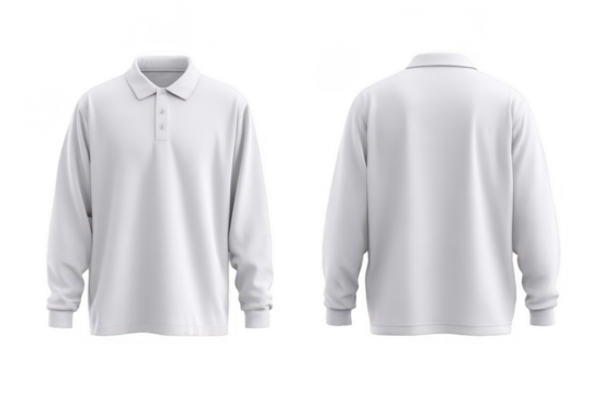 Blank white polo shirt, long sleeves, front & back view (1)