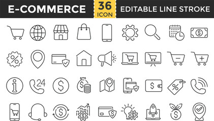 E commerce line icon set. ecommerce outline icons collection. Pixel Perfect and Editable Stroke. online shopping, Business, mobile shop, shopping cart, delivery and more.  