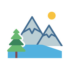 Flat Design Landscape with Mountains Tree and Sun