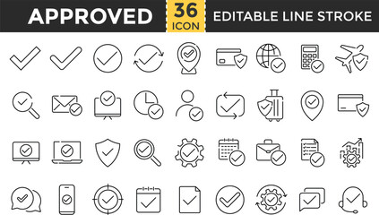 Approve, Checkmark line icon set. Check mark icons collection. Pixel Perfect and Editable Stroke. Approved, Correct, yes, correct, complete, Correct, checklist, Checkbox, tick mark, verified and more.