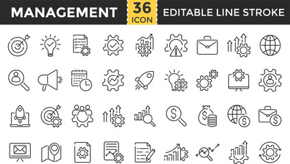 management line icon set. Management outline icons collection. Pixel Perfect and Editable Stroke. Creativity, Time, idea, development, target, task, money, finance, deadline, plan, start up, setting 
