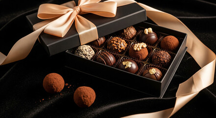 Luxurious assorted chocolate truffles in an open gift box with a satin ribbon on a dark velvet background.