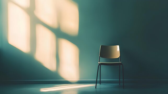 Solitary Seat and Shadow: A solitary chair stands in a room, bathed in sunlight that casts a striking shadow, creating a scene of minimalism and contemplation. 