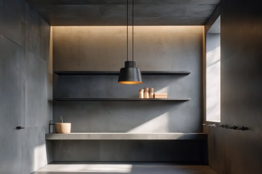 Matte stone and metal small bathroom with slate floating shelves, titanium fixtures, harsh sidelight from LED bar creating deep