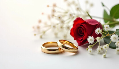 wedding rings on a red rose