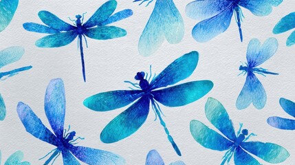 Organic blue dragonflies seamless texture with paper grain, ink bleed details for eco product packaging, wellness brand website background
