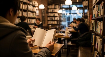 A man reads an open book in a cozy library or bookstore cafe, surrounded by bookshelves and other patrons enjoying coffee and reading.