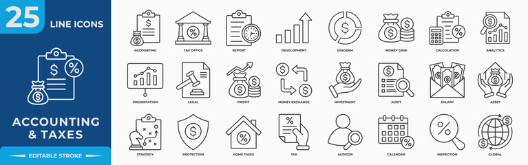 Accounting and Taxes Line Editable Icons set. Containing accounting, taxes, financial, tax office, development, money, profit and investment.