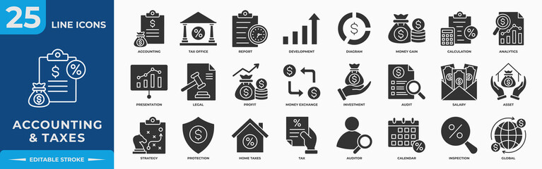 Accounting and Taxes Solid Editable Icons set. Containing accounting, taxes, financial, tax office, development, money, profit and investment.