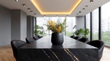 Modern conference room with marble table leather chairs plants and city view