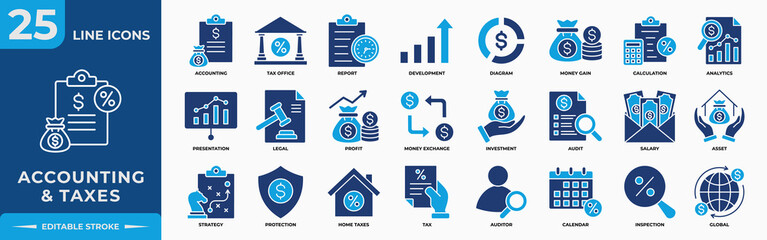 Accounting and Taxes Flat Editable Icons set. Containing accounting, taxes, financial, tax office, development, money, profit and investment.