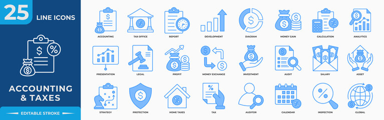 Accounting and Taxes Line Blue Editable Icons set. Containing accounting, taxes, financial, tax office, development, money, profit and investment.