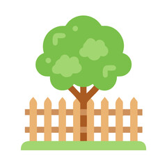 Stylized tree behind a picket fence illustration