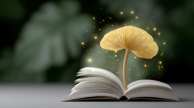 Open book with a magical glowing mushroom sprouting from pages amidst floating sparkles