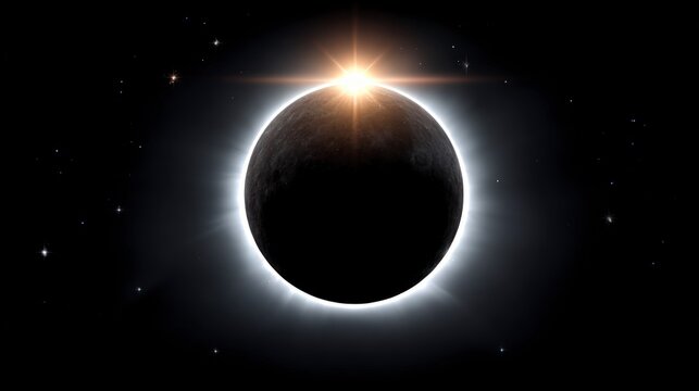 Total solar eclipse event with bright sun corona and visible stars in deep space