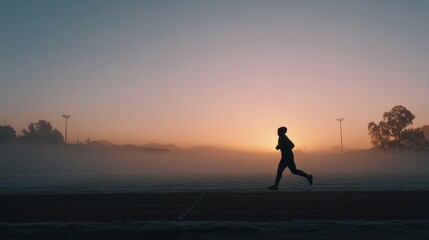 Silhouetted figure runs on a track amid dense fog and muted sunrisecolored sky