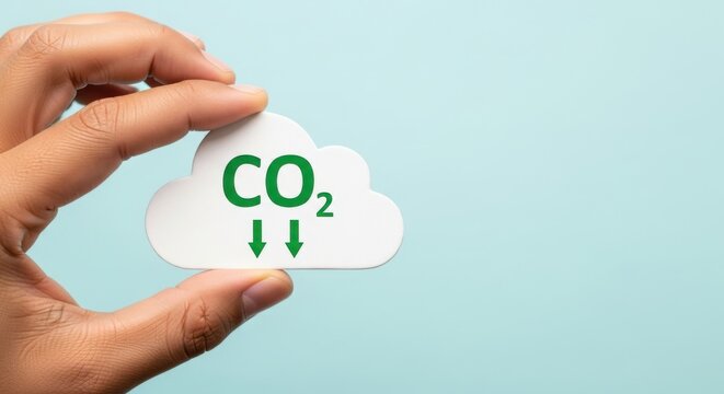 Hand holding cloud symbol with co2 reduction arrows indicating environmental efforts