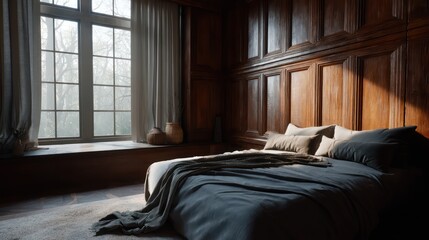 Misty gray and burnt umber bedroom, sunlit window casting rim light onto wood-paneled walls, deep shadows under sculpted headboard,