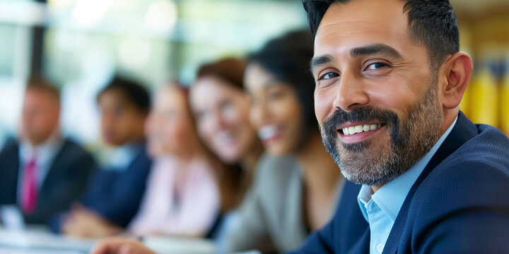 A smiling Latino man in an executive meeting room