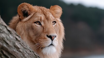 Obraz premium Close up portrait of a majestic lion with golden mane and amber eyes peering from behind a tree