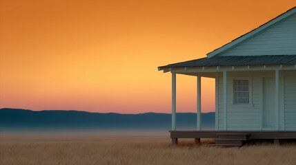 White wooden house with porch and steps against a dramatic orange sunset sky over rolling hills