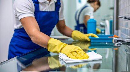 Professional cleaner wearing gloves wiping glass surface with cloth in modern bathroom
