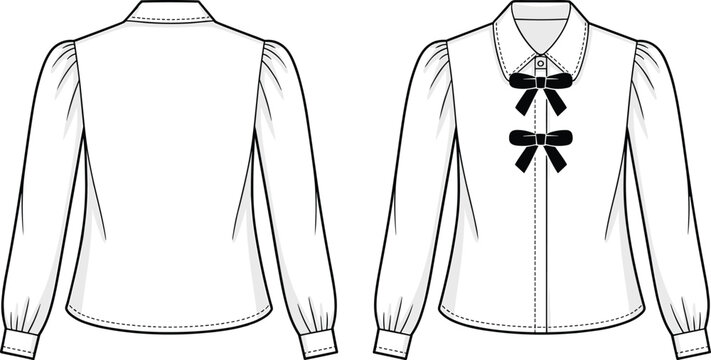 Elegant blouse design with double front bows, puff sleeves, collar detail, technical flat sketch, perfect for women’s fashion vector template