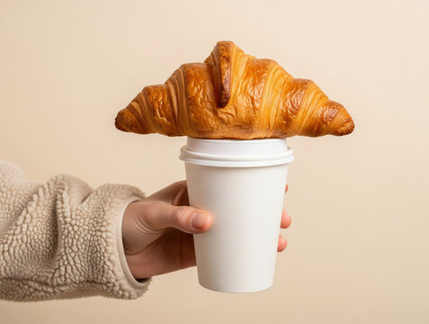 A crispy croissant is placed on top of a white coffee cup held by a warm hand.
