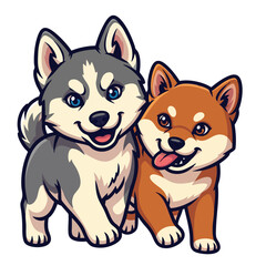 A cute happy shiba and huskycartoon illustration