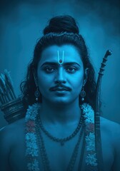 A portrait of a person dressed as the hindu god rama with a bow and arrow