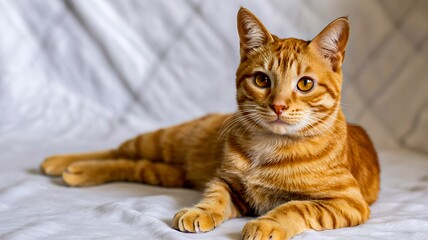 Obraz premium Cute orange tabby cat lying on white blanket looking at camera indoors 