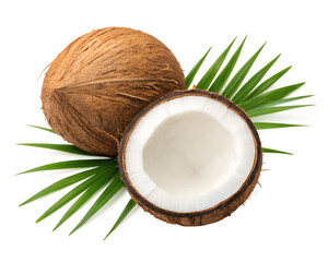 Coconuts with palm leaves isolated on transparent background