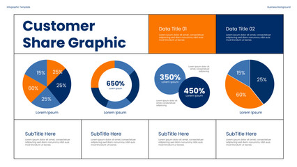Customer Share Graphic Infographic with Colorful Pie Charts and Data Visualization in a Modern Business Presentation template for diagram, process, chart workflow, banner layout, info graph concept