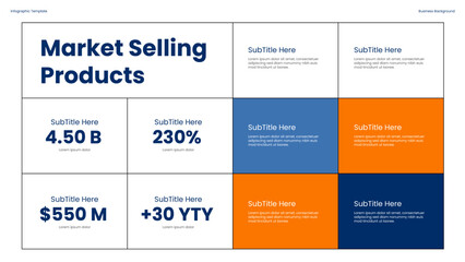 Market Selling Products Infographic Showing Statistical Analysis and Key Financial Metrics in a Modern Data Visualization Design for presentations, process chart, workflow, banner layout, info graph