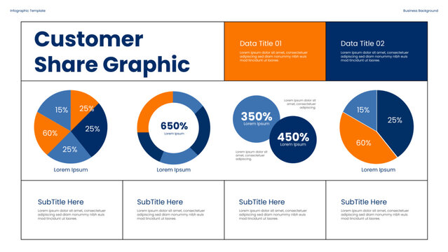 Customer Share Graphic Infographic with Colorful Pie Charts and Data Visualization in a Modern Business Presentation template for diagram, process, chart workflow, banner layout, info graph concept