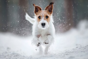 Jack Russell Terrier running in winter snow