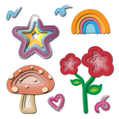 Paper cut Style Illustration with Flowers, Rainbow, Stars and Cute Mushroomsม Cute Paper cut Vector with Floral Garden, Rainbow and Stars