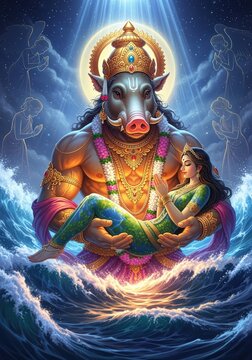 Lord varaha vishnus boar avatar is holding the earth goddess in the ocean