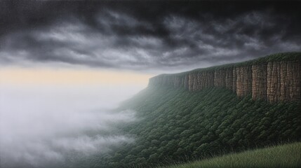 Towering cliff face covered in dense green forest shrouded in mist under a dramatic stormy sky