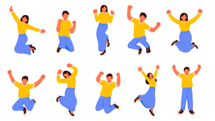 Flat vector set of joyful men and women jumping in celebration, expressing happiness, excitement, and success. Perfect for themes of motivation, achievement, and positivity.