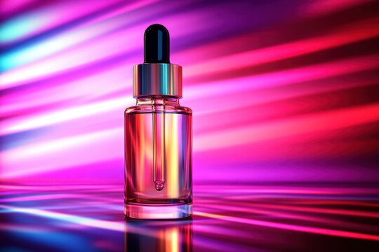 A glass dropper bottle with vibrant neon lighting. - Powered by Adobe