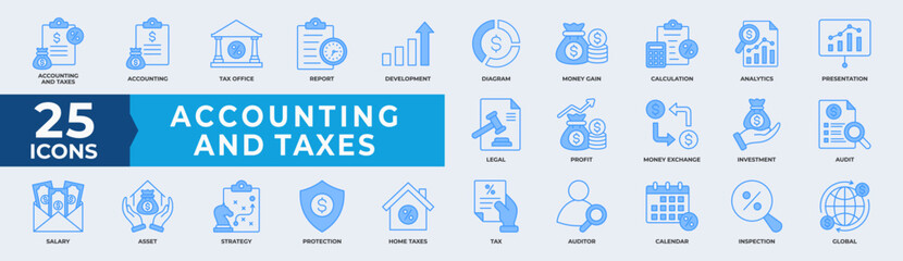 Accounting and Taxes icons set. Containing accounting, taxes, financial, tax office, development, money, profit and investment. Simple Line Blue Vector Illustration