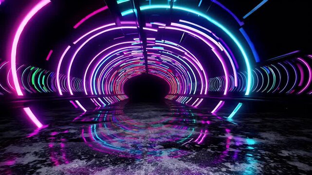 looped video 4K animation radiant rainbow neon circles forming tunnel infinite zoom reflective textures perfect EDM visuals abstract videos modern tech inspired