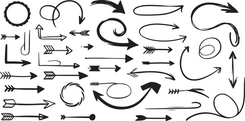 A Collection of Hand Drawn Black Arrows Various Styles and Shapes Including Straight Curved Swirling and Ornate Designs on White