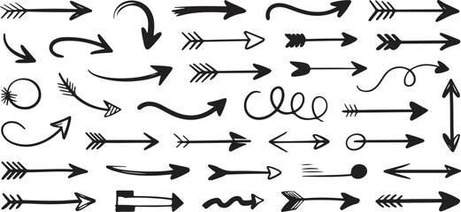 A Diverse Collection of Hand Drawn Black Arrows on White Background Featuring Various Styles Sizes and Directions Including Straight