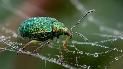 Fototapeta premium A vibrant green yellow weevil rests on a dewcovered spiderweb Its antennae legs and body are highlighted with droplets